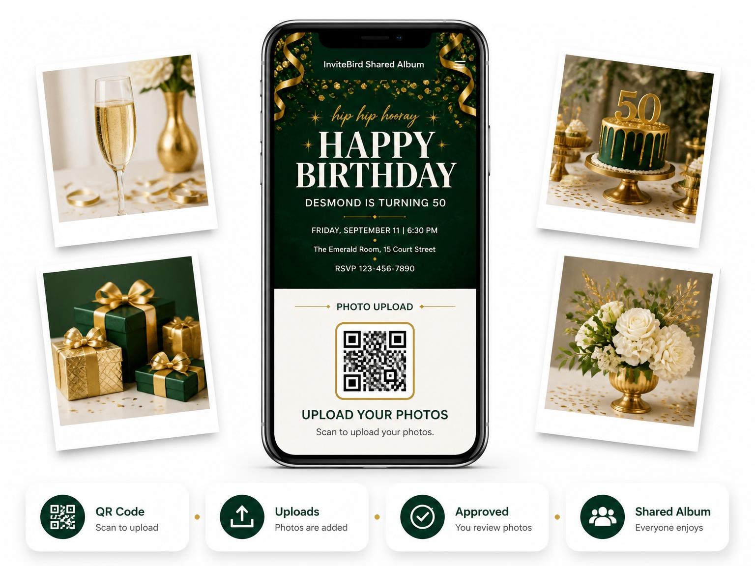 The shared photo gallery that comes with the Emerald and Gold Confetti Birthday invitation