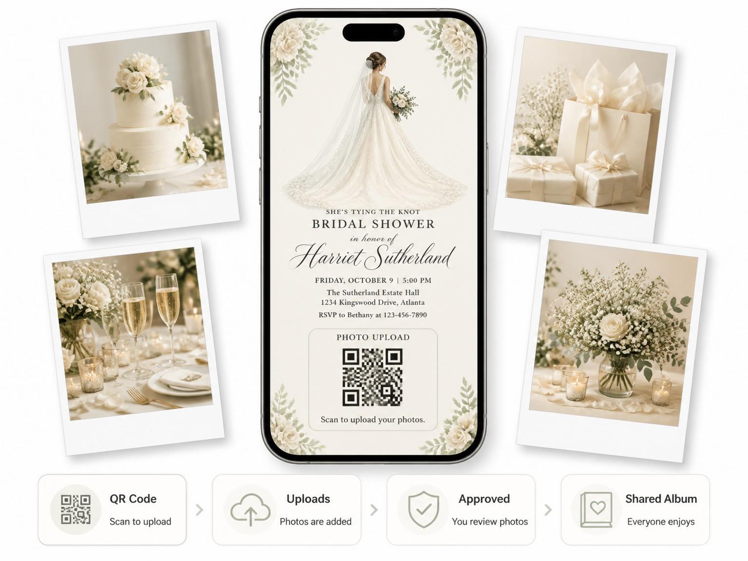 The shared photo gallery that comes with the Watercolor Bride Lace Gown Shower invitation