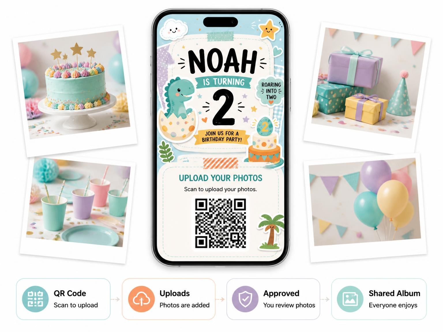The shared photo gallery that comes with the Baby Dinosaur Pastel 2nd Birthday Invitation invitation
