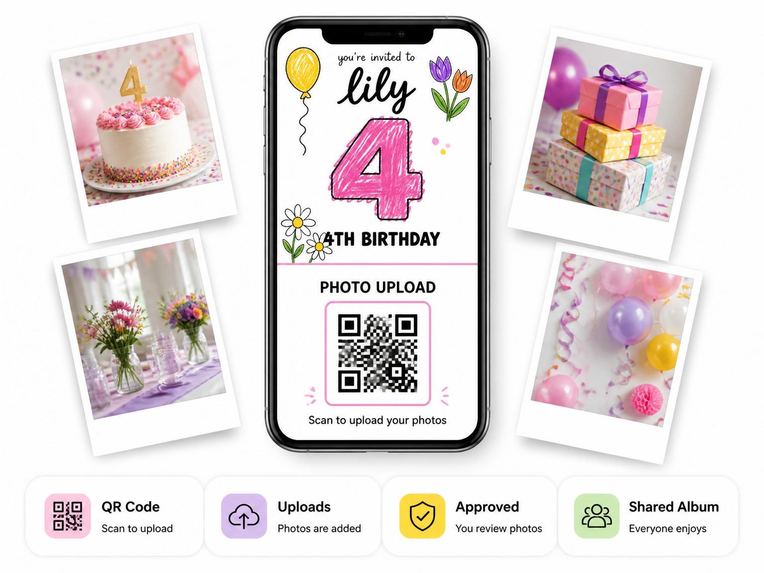 The shared photo gallery that comes with the Crayon Floral Balloon 4th Birthday Invitation invitation