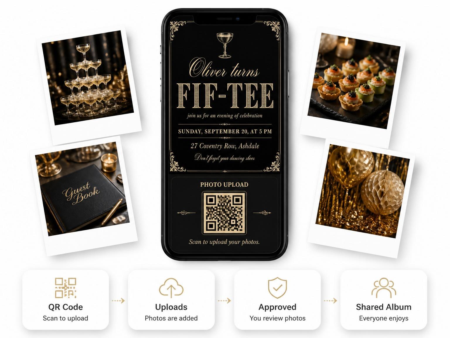 The shared photo gallery that comes with the Black Gold Coupe 50th Birthday invitation
