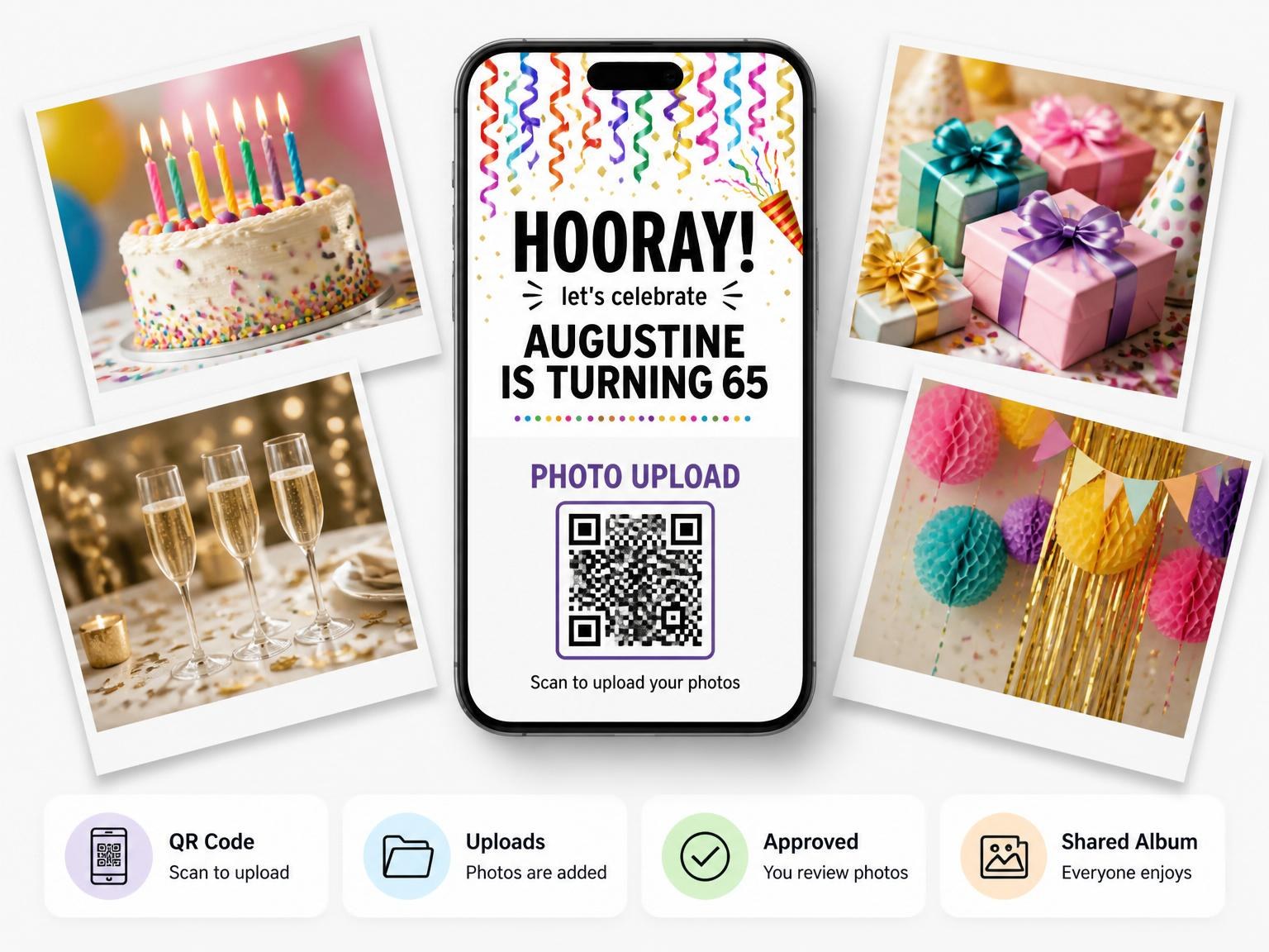 The shared photo gallery that comes with the Rainbow Streamer Confetti 65th Birthday Invitation invitation
