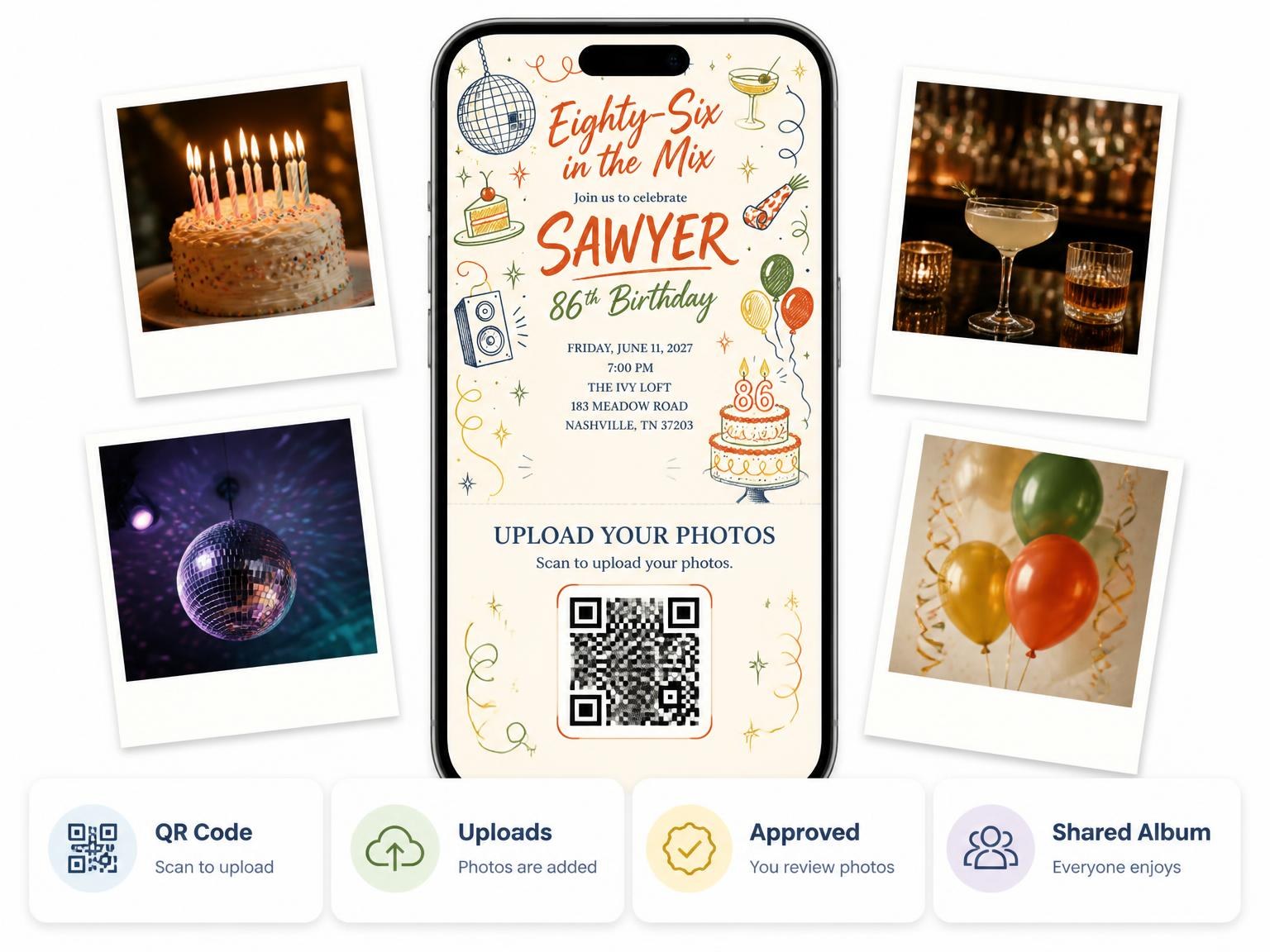 The shared photo gallery that comes with the Retro Doodle 86th Birthday Invitation invitation