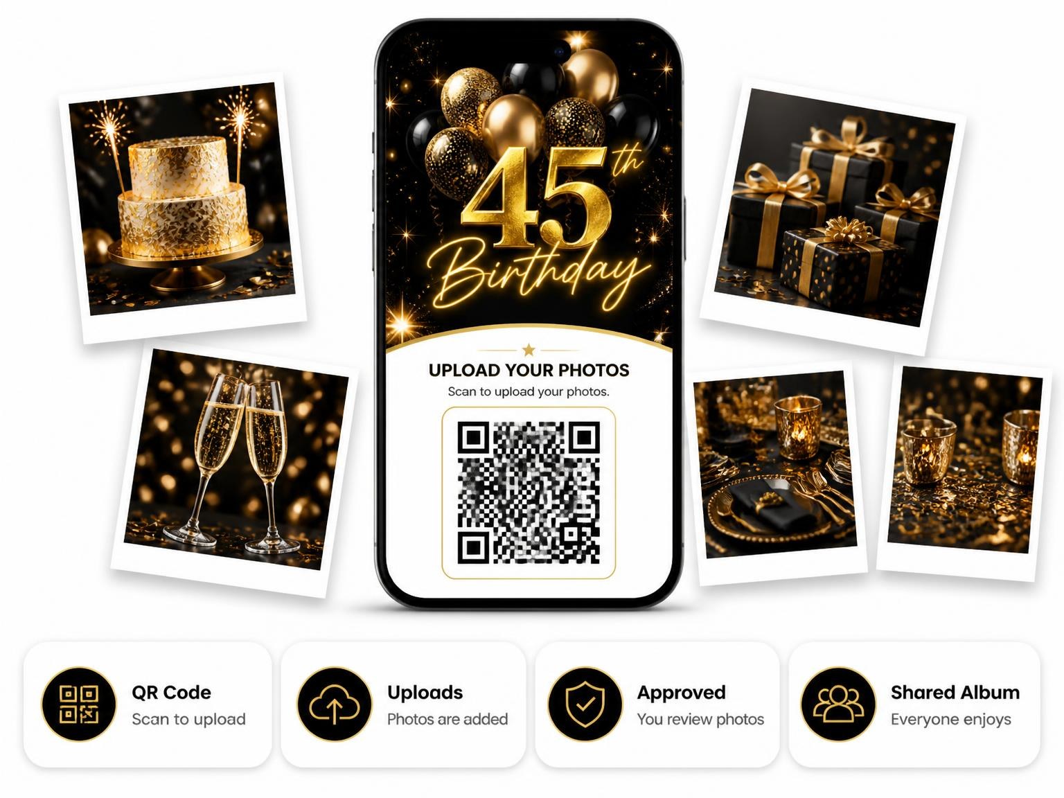 The shared photo gallery that comes with the Black and Gold Balloon 45th Birthday invitation