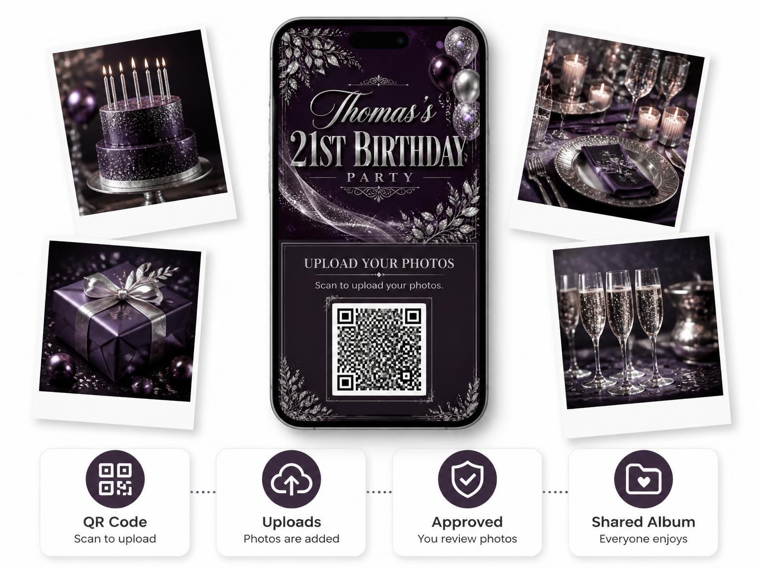 The shared photo gallery that comes with the Plum and Silver 21st Birthday Invitation invitation