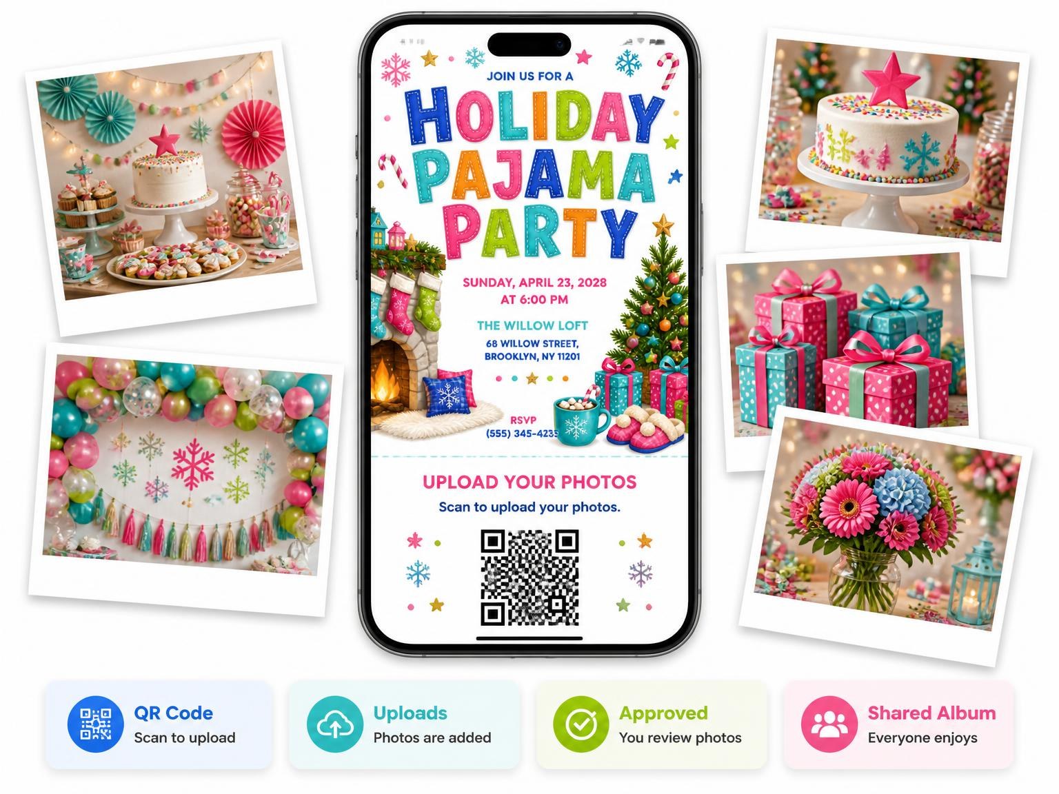 The shared photo gallery that comes with the Stone Fireplace Holiday Pajama Party Invitation invitation