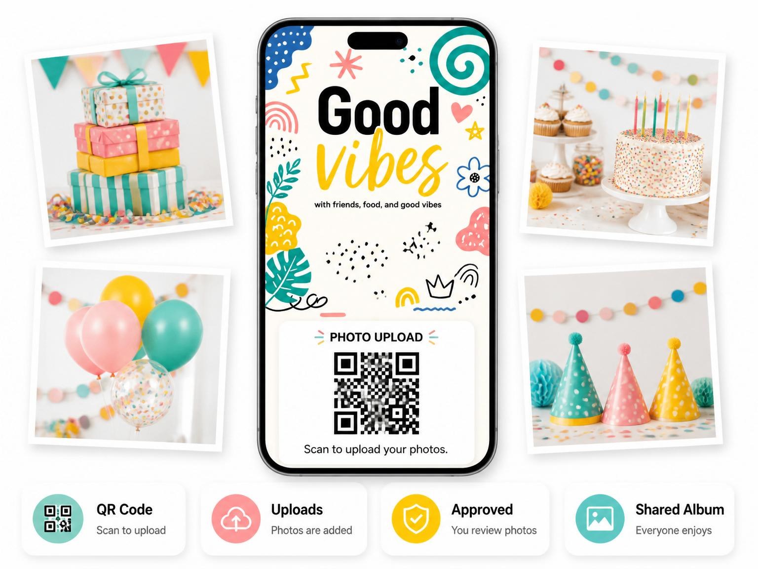The shared photo gallery that comes with the Cream Doodle Pattern 3rd Birthday invitation