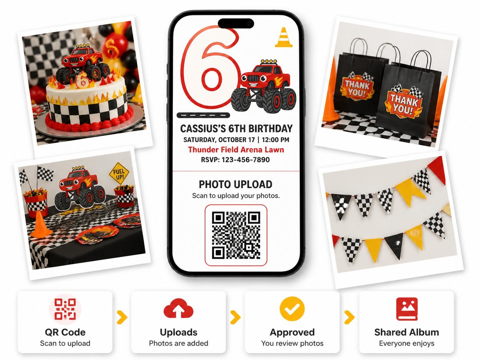 The shared photo gallery that comes with the Red Monster Truck 6th Birthday Invitation invitation