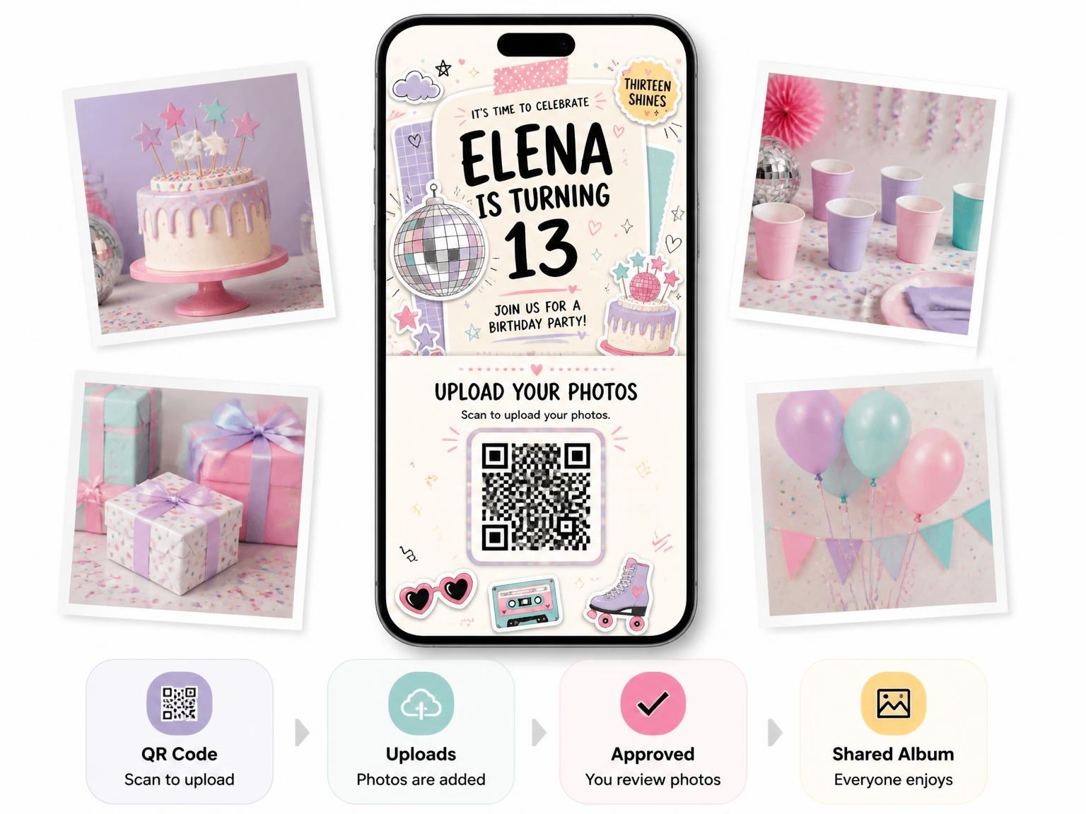 The shared photo gallery that comes with the Disco Ball Pastel 13th Birthday Invitation invitation