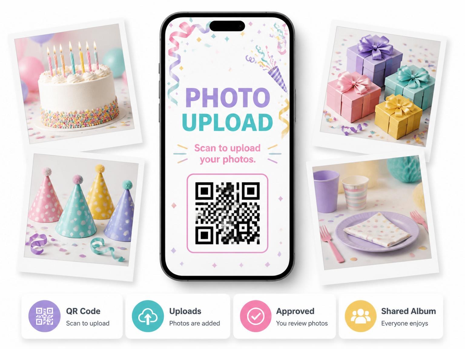 The shared photo gallery that comes with the Pastel Streamer 4th Birthday Invite invitation
