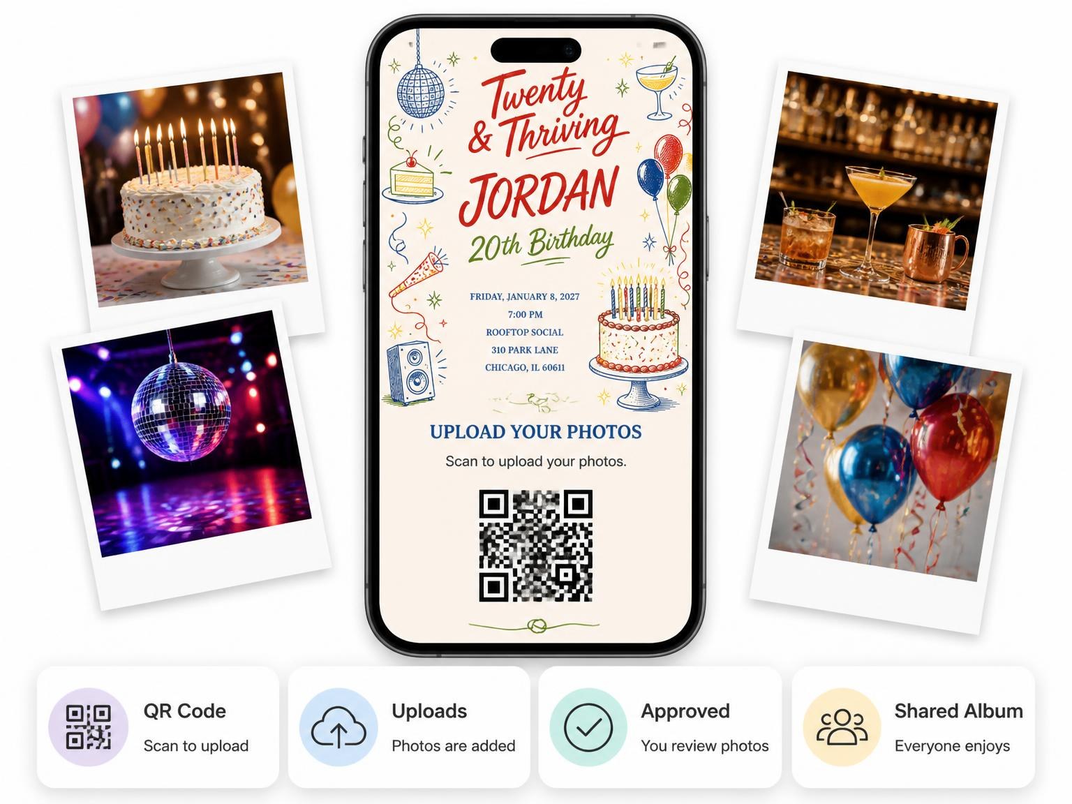 The shared photo gallery that comes with the Retro Doodle 20th Birthday Invitation invitation