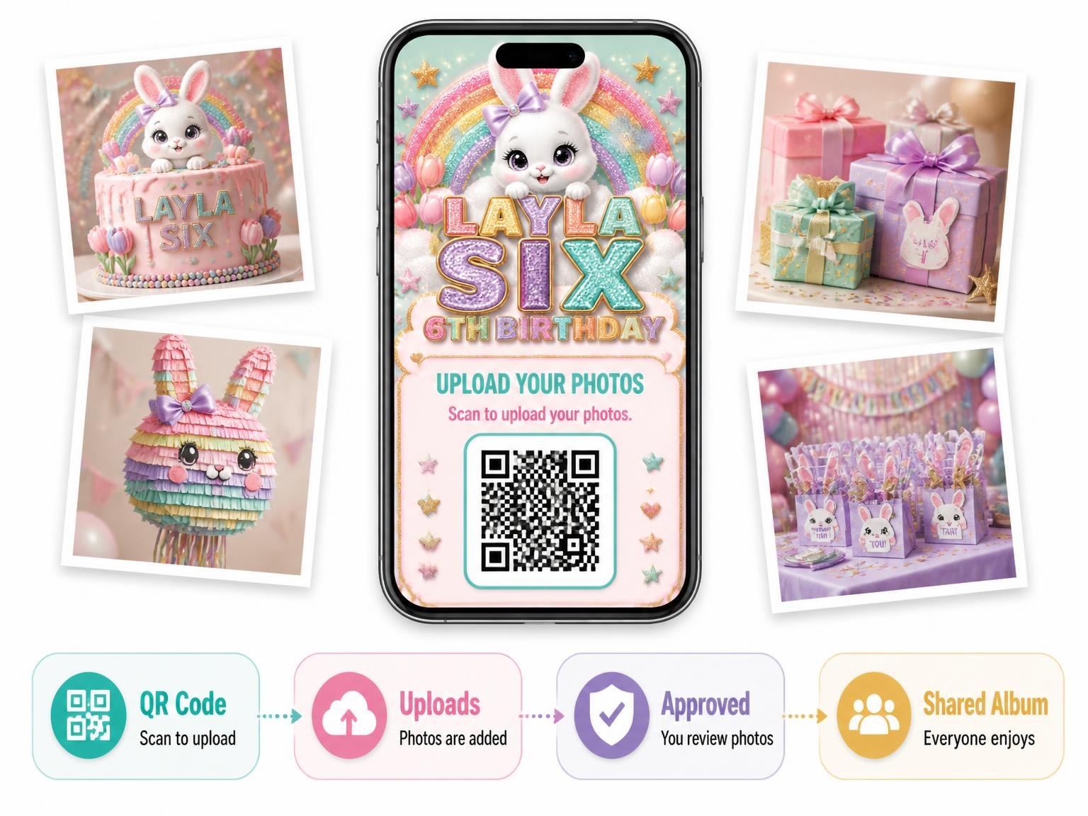 The shared photo gallery that comes with the Glitter Sparkle Bunny 6th Birthday Invitation invitation