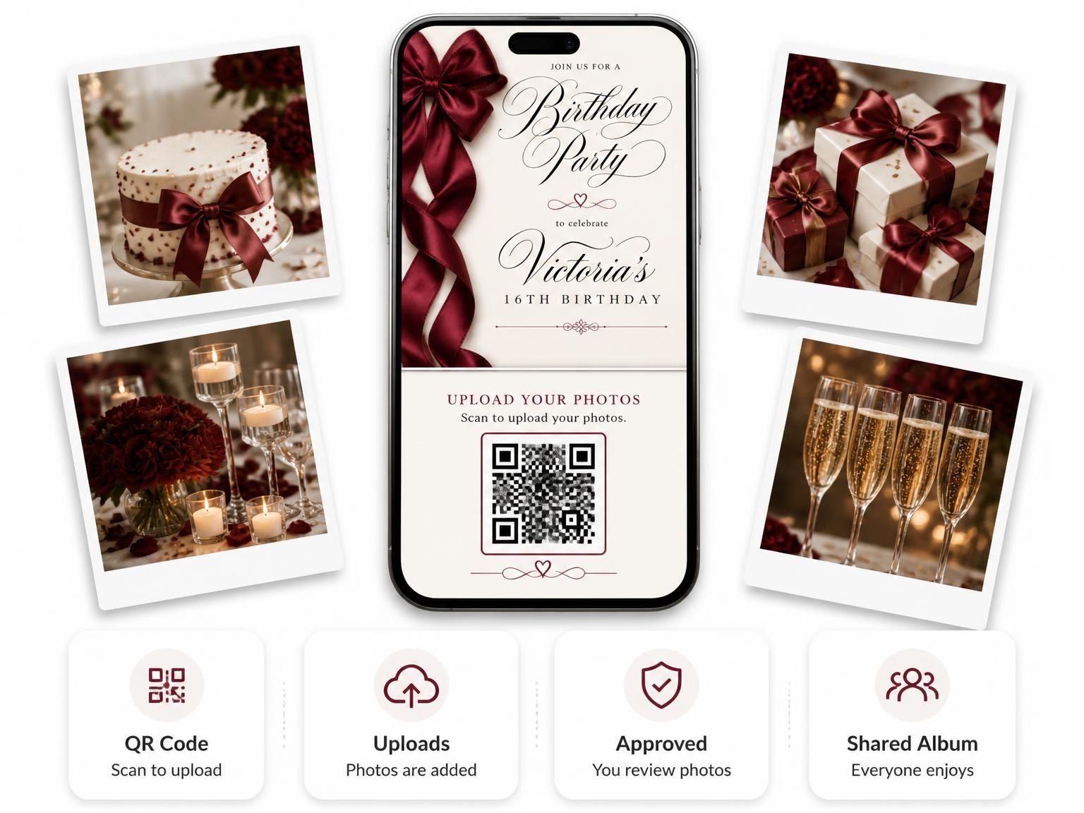 The shared photo gallery that comes with the Burgundy Satin Bow 16th Birthday Invitation invitation