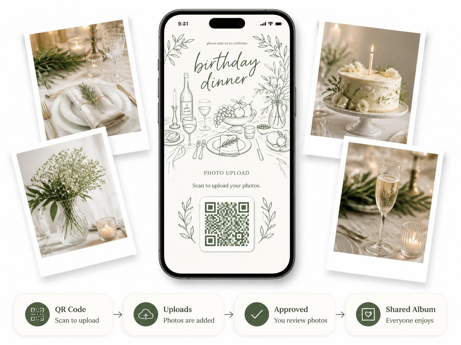 The shared photo gallery that comes with the Olive Green Botanical Line Art 27th Birthday invitation