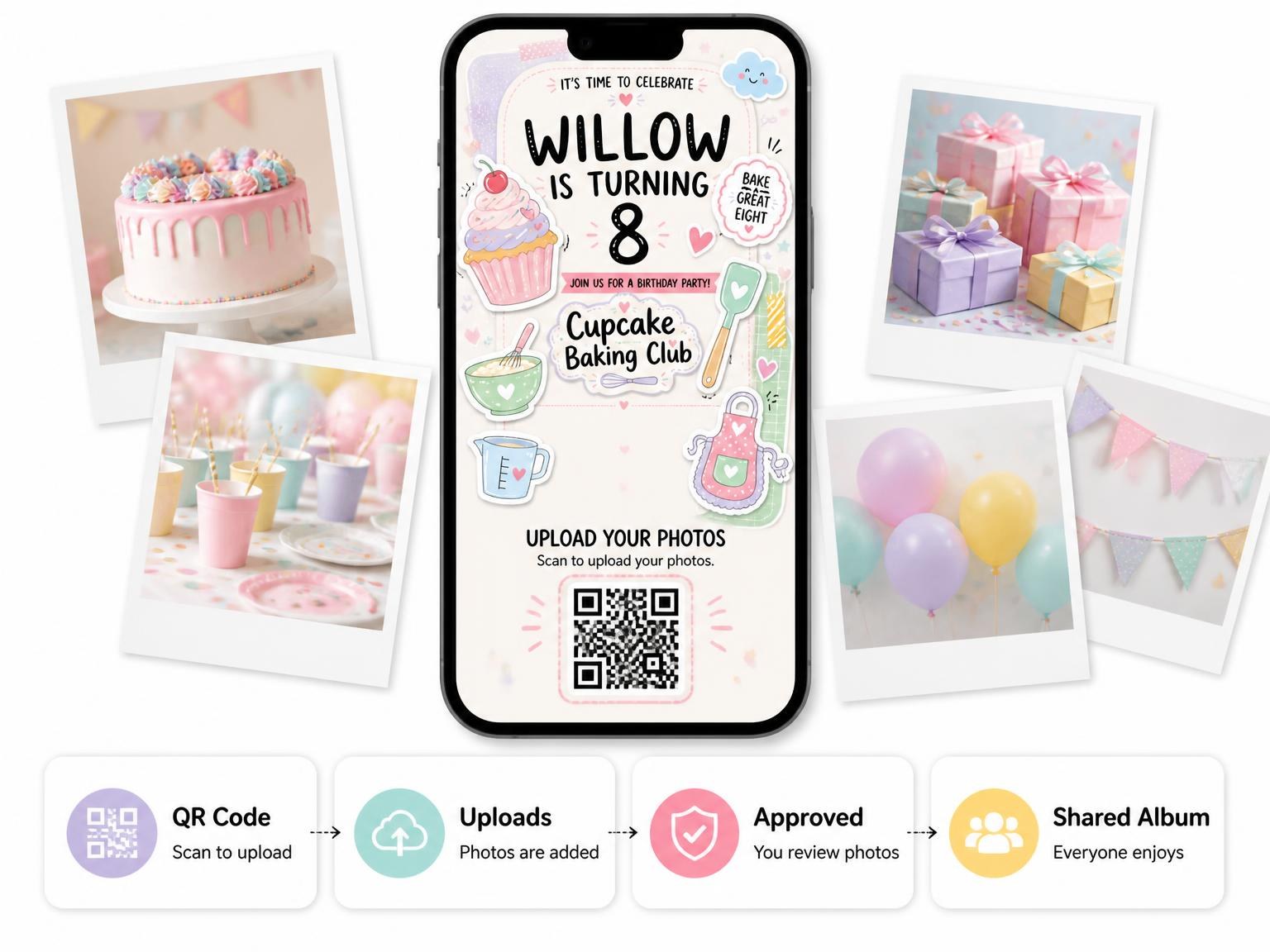 The shared photo gallery that comes with the Cupcake Pastel 8th Birthday Invitation invitation