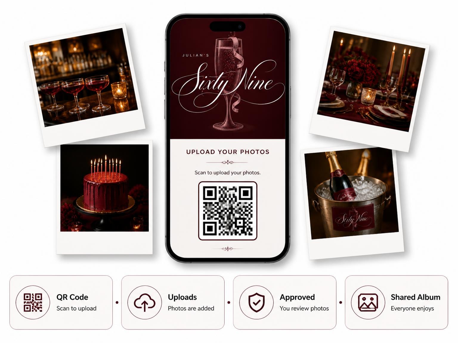 The shared photo gallery that comes with the Burgundy Cocktail 69th Birthday Invitation invitation