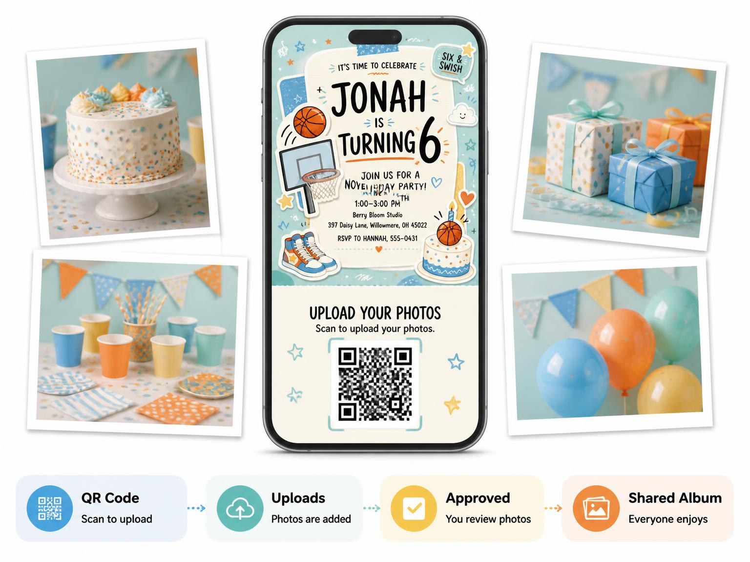 The shared photo gallery that comes with the Hoop Basketball Pastel 6th Birthday Invitation invitation