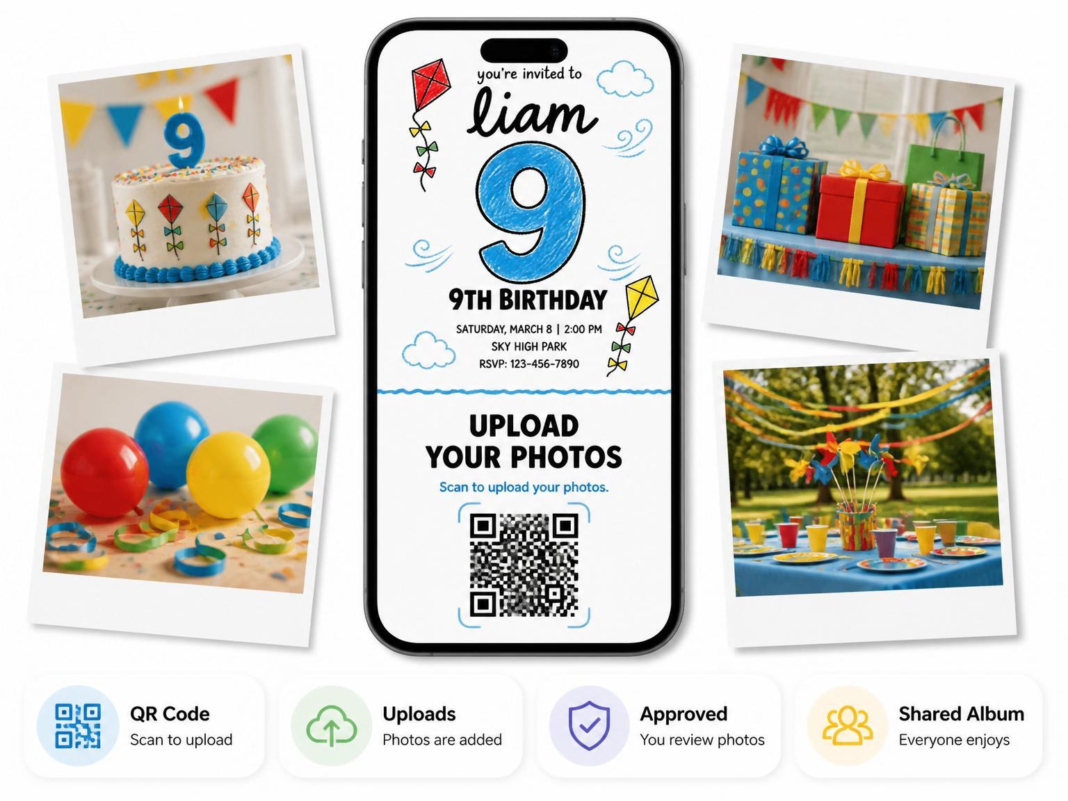 The shared photo gallery that comes with the Crayon Kite Illustration 9th Birthday Invitation invitation