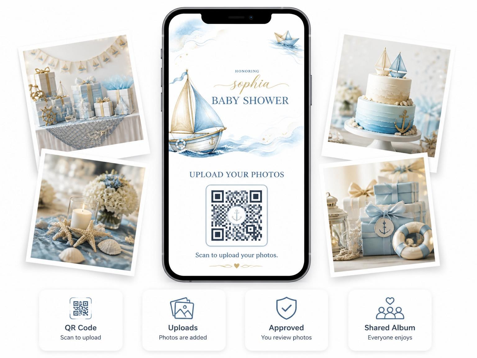 The shared photo gallery that comes with the Watercolor Sailboat Nautical Baby Shower invitation