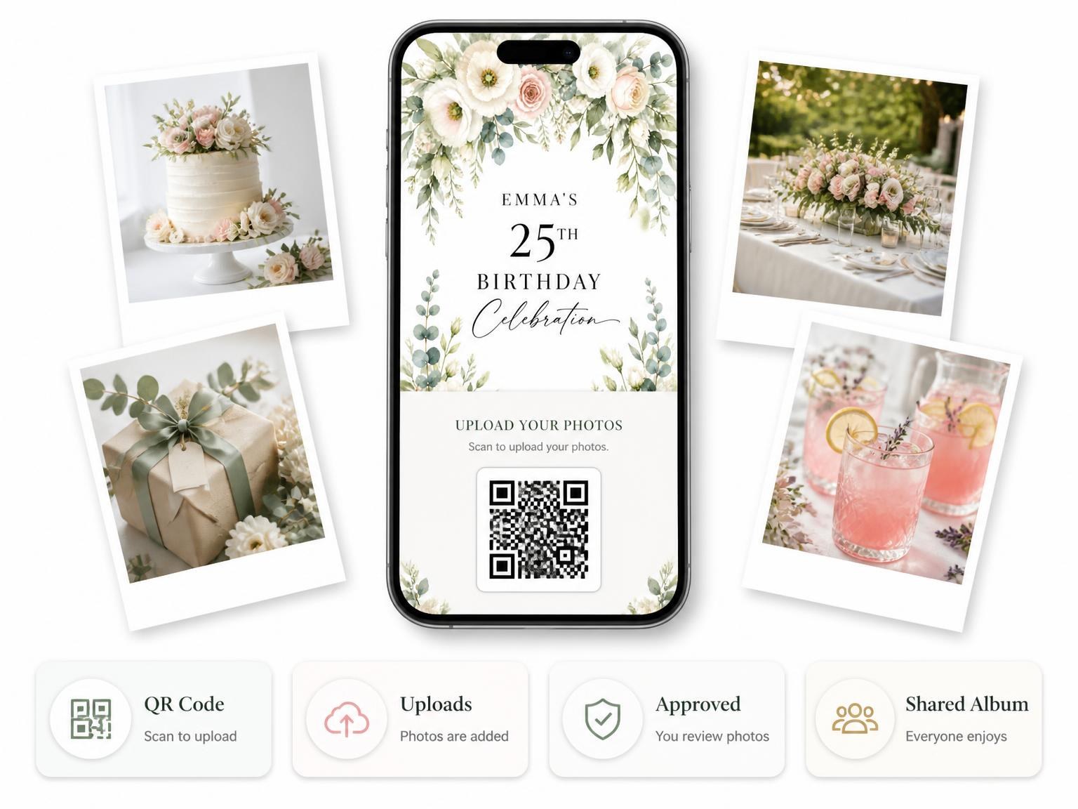 The shared photo gallery that comes with the Garland Header Ivory 25th Birthday Invitation invitation