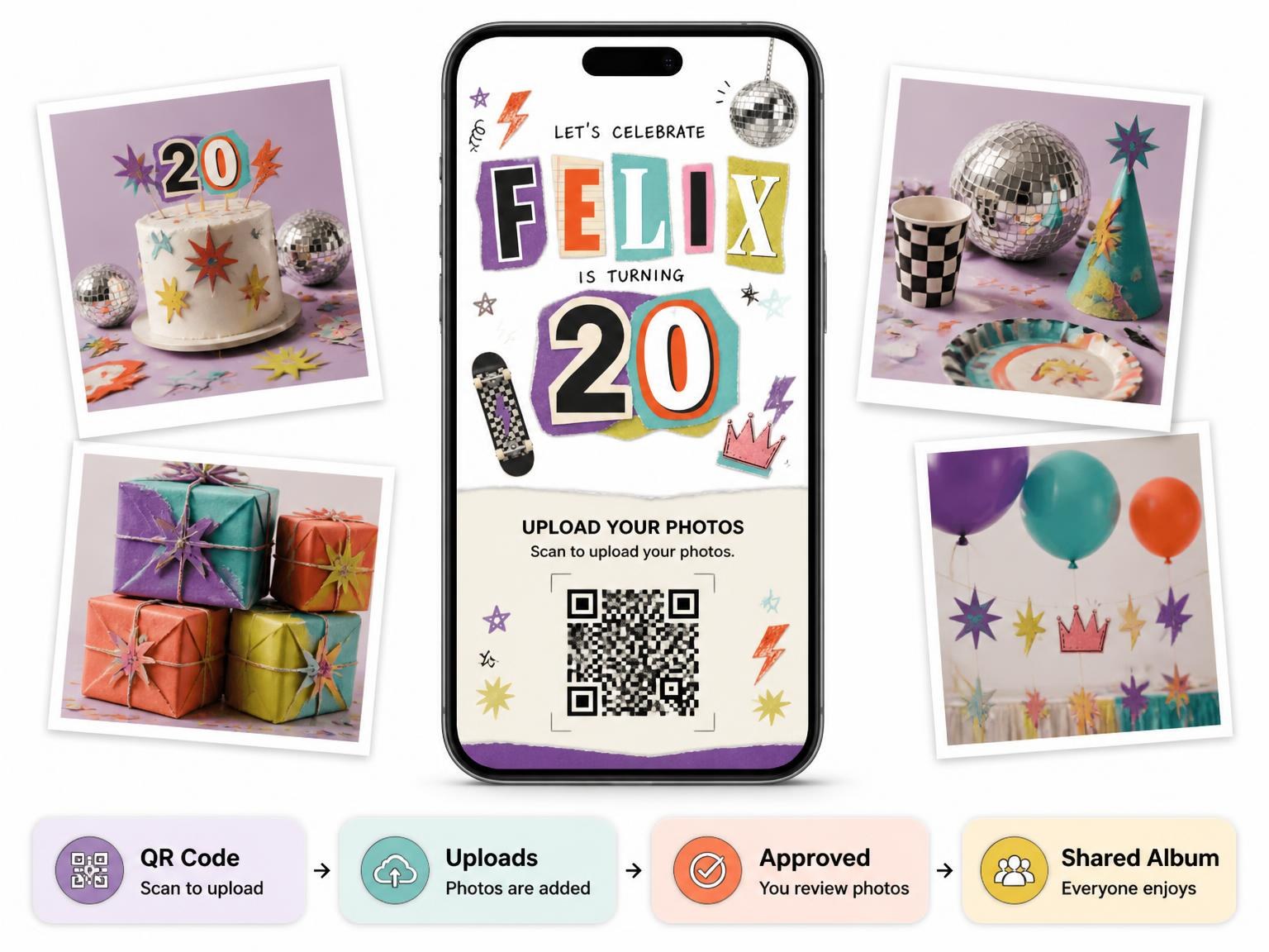 The shared photo gallery that comes with the Retro Paper Collage 20th Birthday Invitation invitation