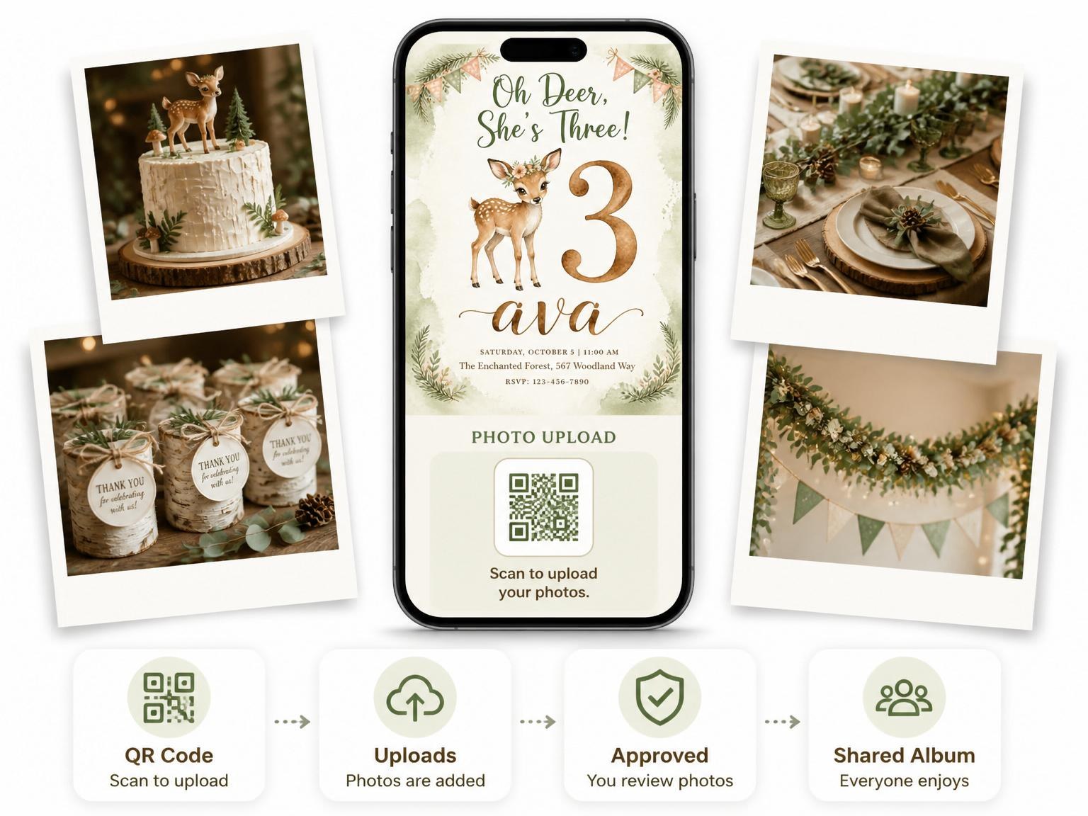 The shared photo gallery that comes with the Watercolor Deer Forest 3rd Birthday Invitation invitation