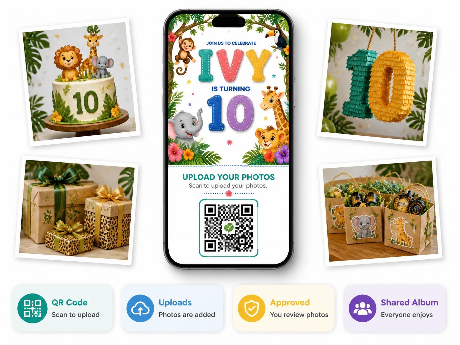 The shared photo gallery that comes with the Stitched Safari 10th Birthday Invitation invitation