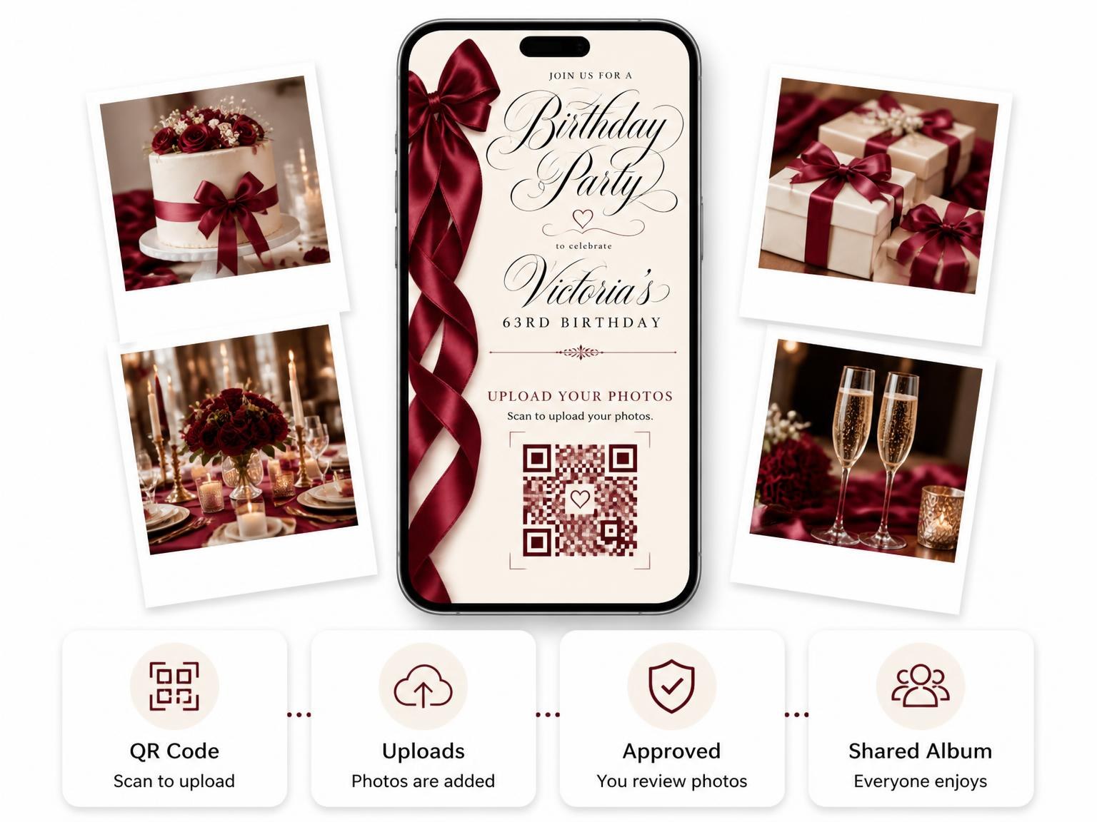 The shared photo gallery that comes with the Burgundy Satin Bow 63rd Birthday Invitation invitation