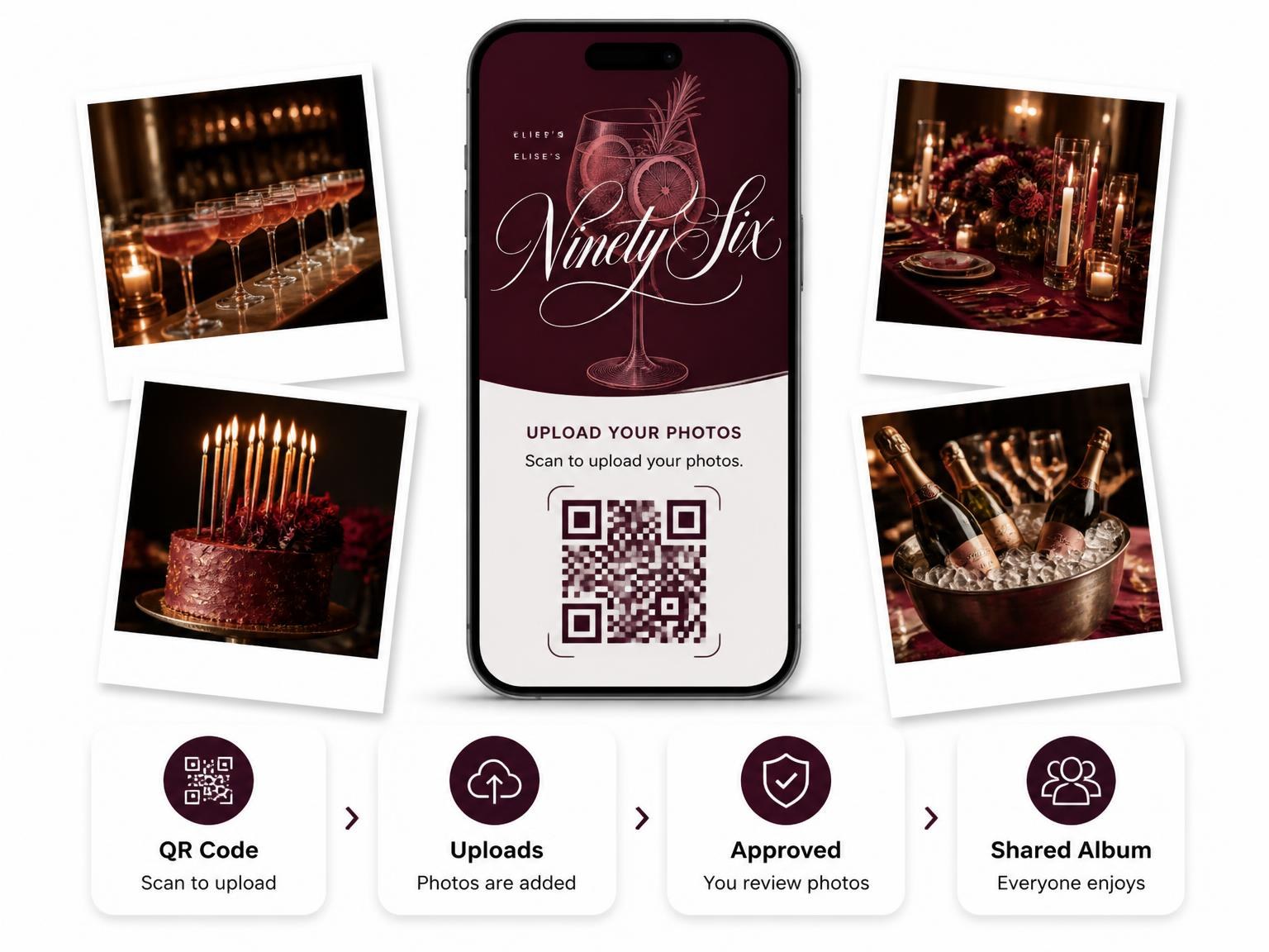 The shared photo gallery that comes with the Burgundy Cocktail 96th Birthday Invitation invitation