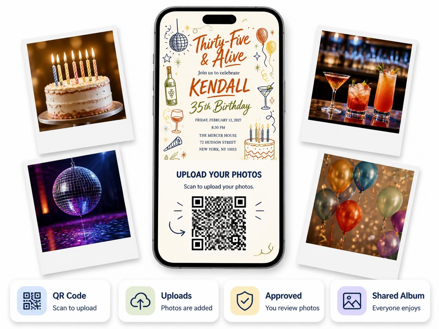 The shared photo gallery that comes with the Retro Doodle 35th Birthday Invitation invitation