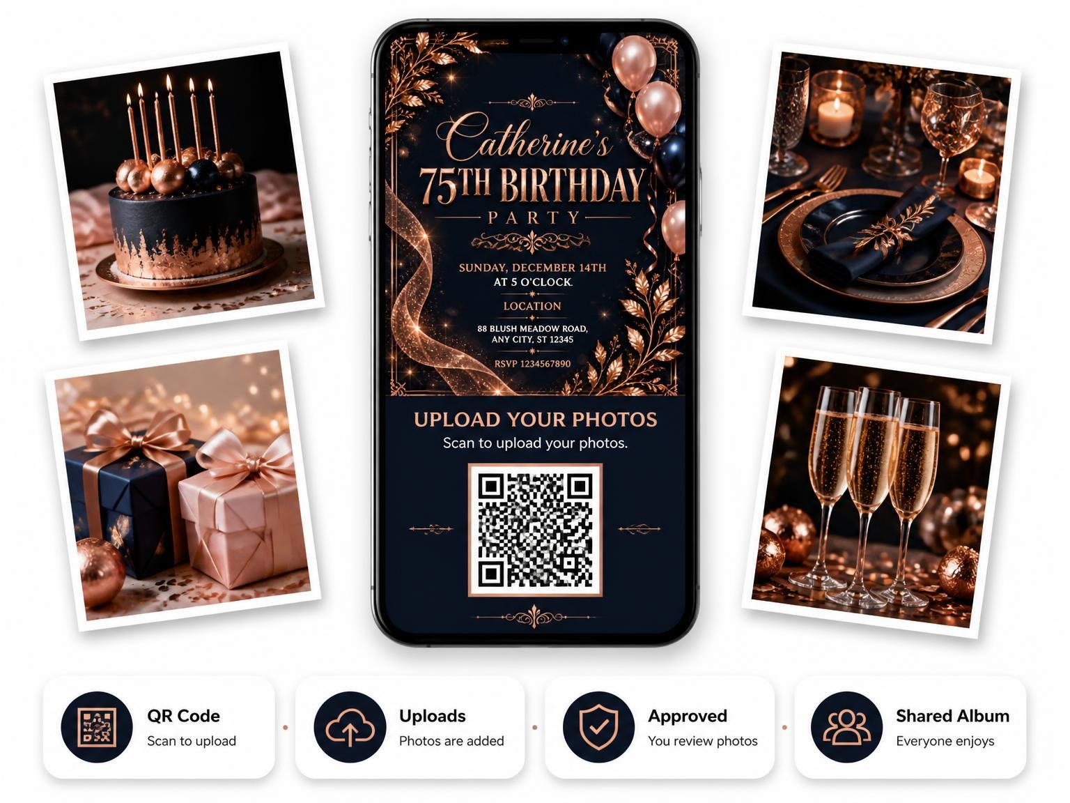 The shared photo gallery that comes with the Navy and Rose Gold 75th Birthday Invitation invitation