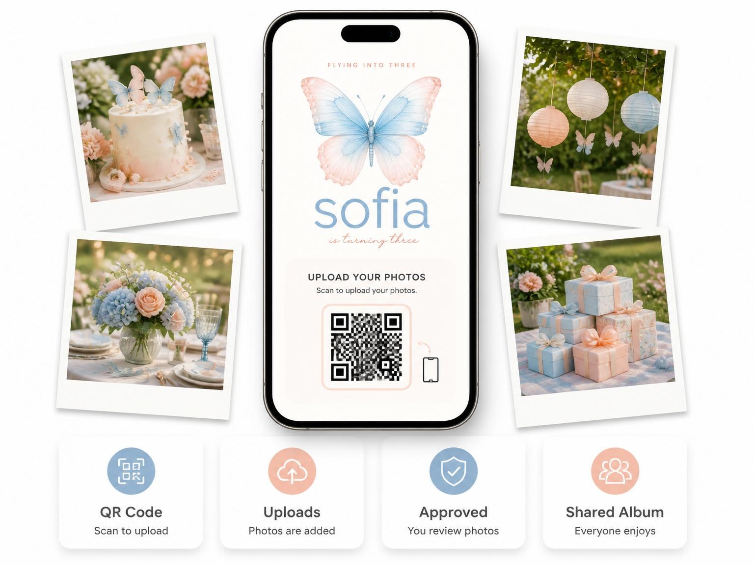 The shared photo gallery that comes with the Watercolor Butterfly 3rd Birthday Invitation invitation