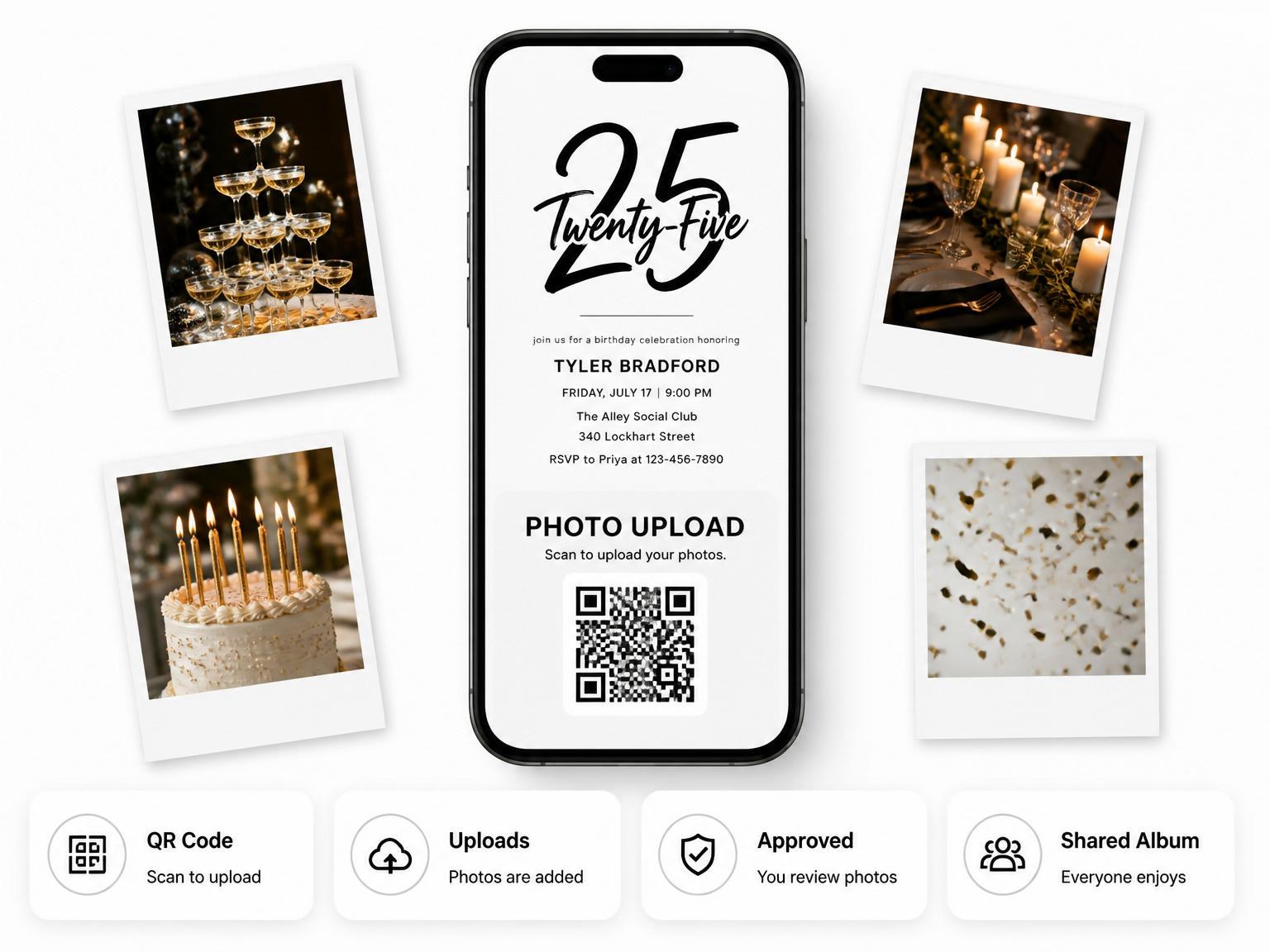 The shared photo gallery that comes with the Minimalist Brush-Stroke 25th Birthday invitation