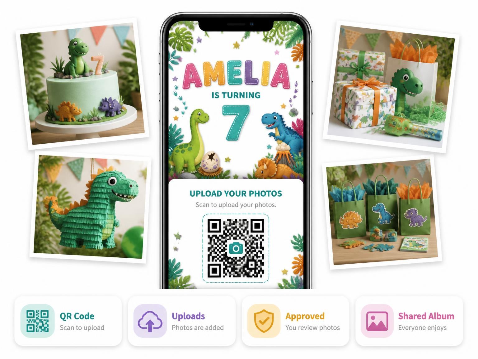 The shared photo gallery that comes with the Stitched Dinosaur 7th Birthday Invitation invitation