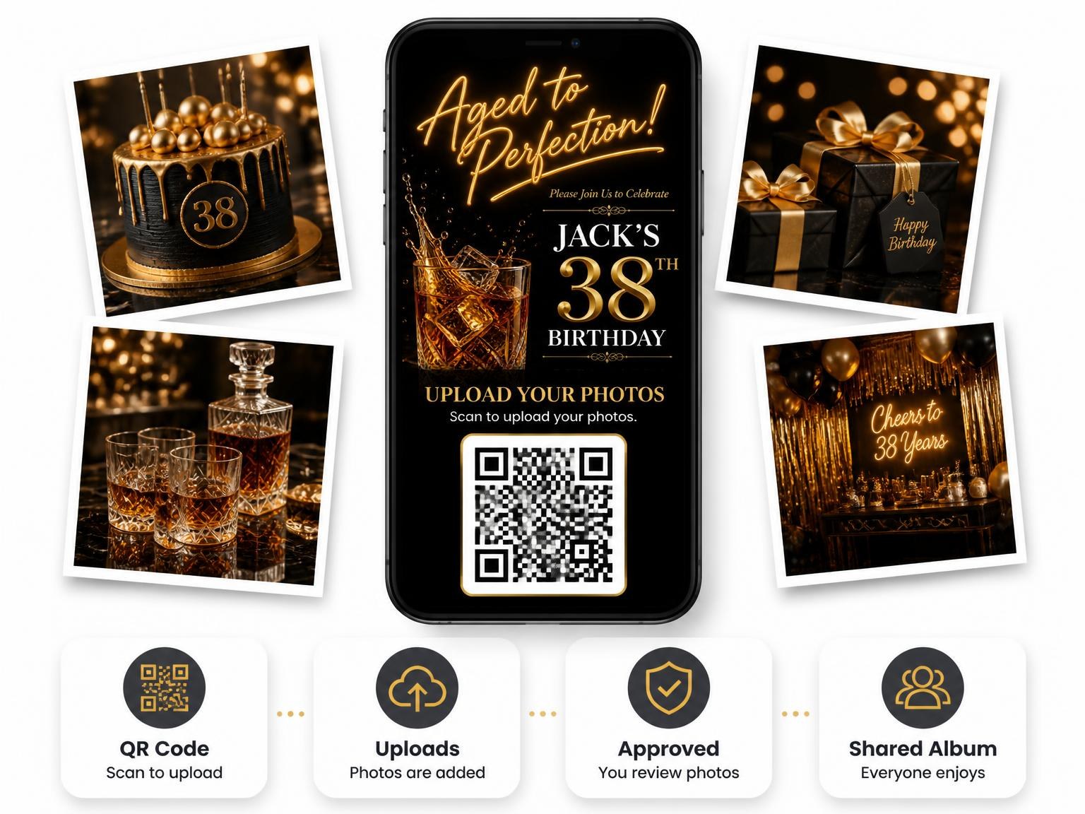 The shared photo gallery that comes with the Crystal Whiskey 38th Birthday Invitation invitation