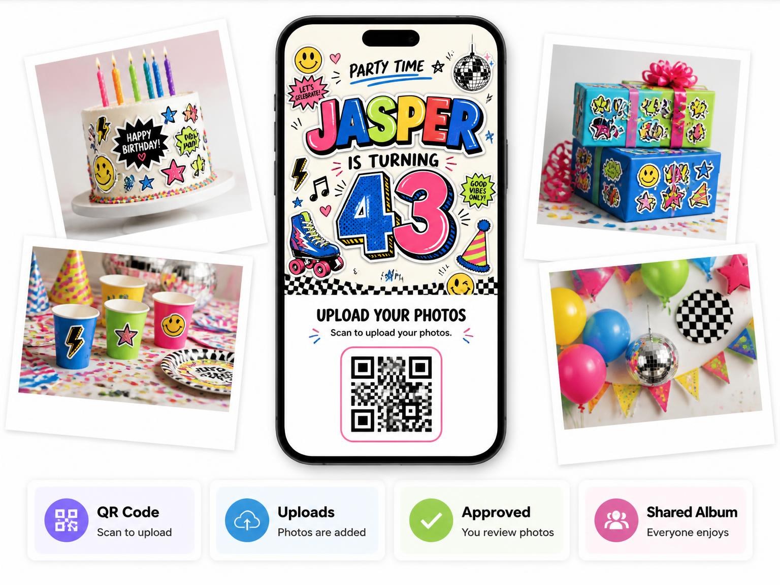 The shared photo gallery that comes with the Sticker Pop 43rd Birthday Invitation invitation