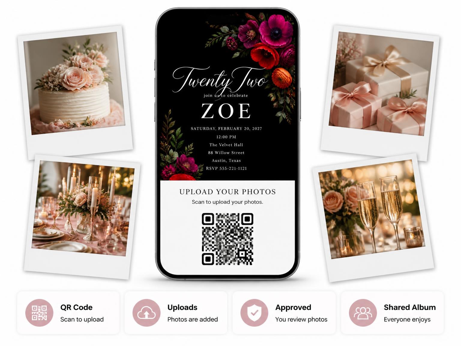 The shared photo gallery that comes with the Black Floral 22nd Birthday Invitation invitation