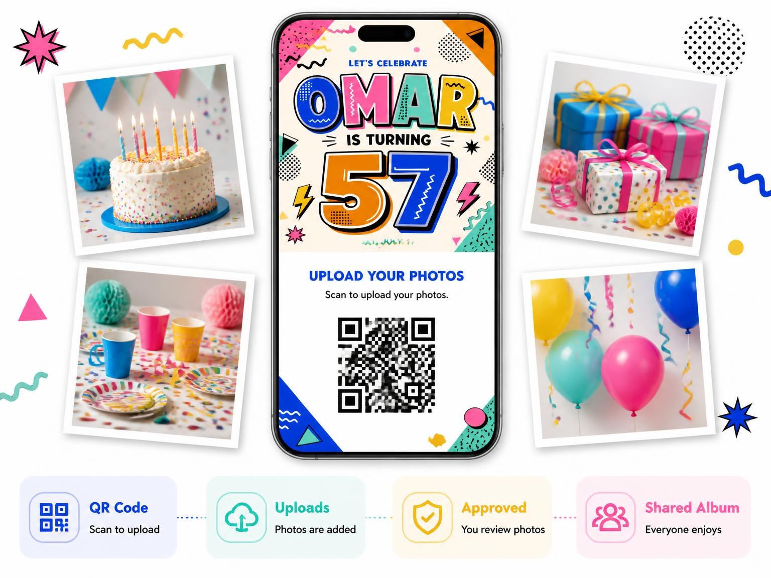 The shared photo gallery that comes with the Memphis Pop 57th Birthday Invitation invitation