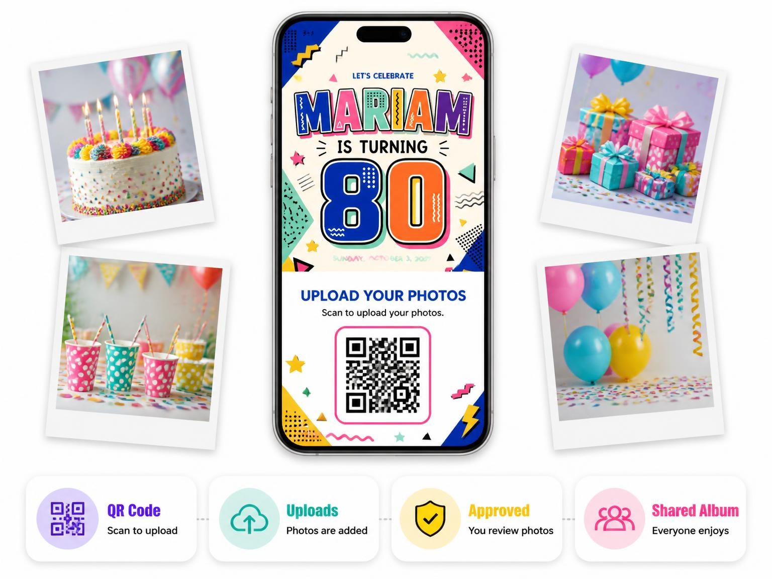 The shared photo gallery that comes with the Memphis Pop 80th Birthday Invitation invitation