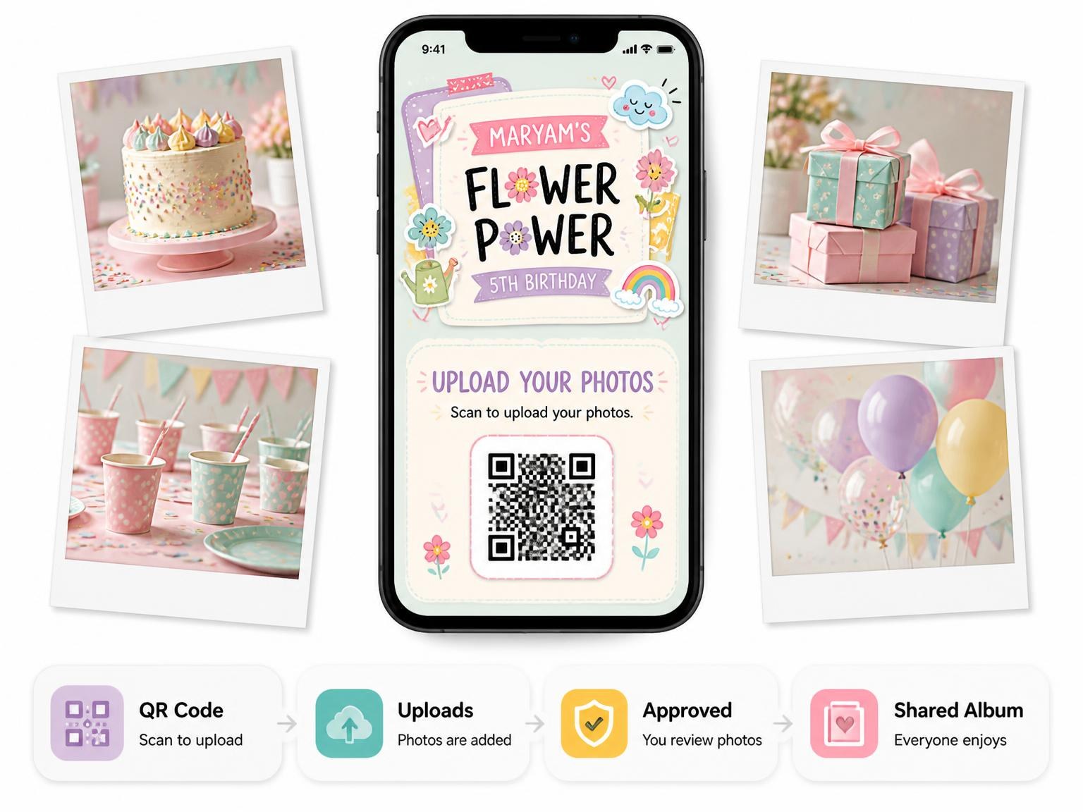 The shared photo gallery that comes with the Pastel Flower Power 5th Birthday Invitation invitation