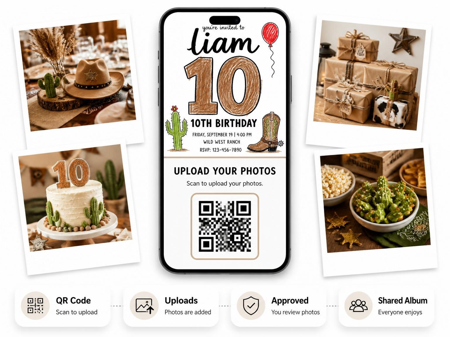 The shared photo gallery that comes with the Crayon Illustration Western 10th Birthday invitation