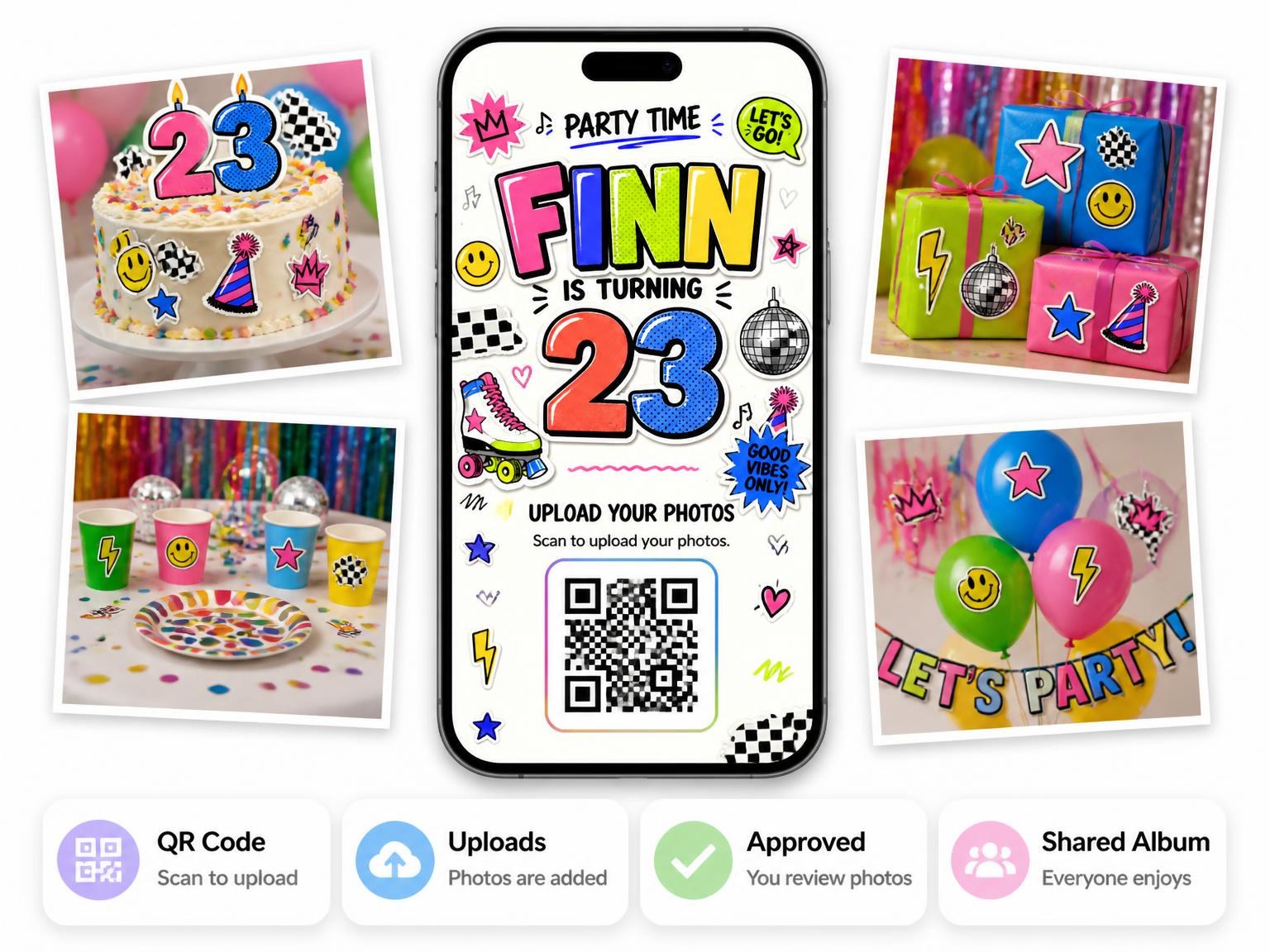 The shared photo gallery that comes with the Sticker Pop 23rd Birthday Invitation invitation