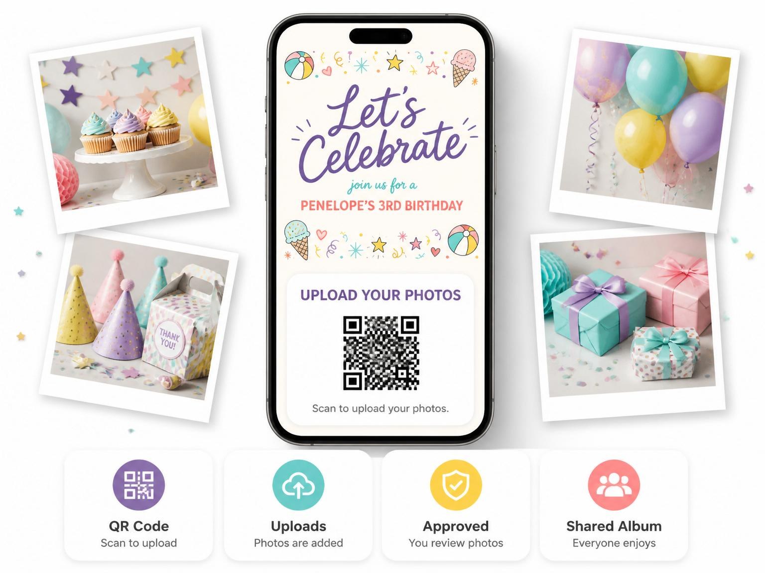 The shared photo gallery that comes with the Ice Cream Beach Ball 3rd Birthday invitation