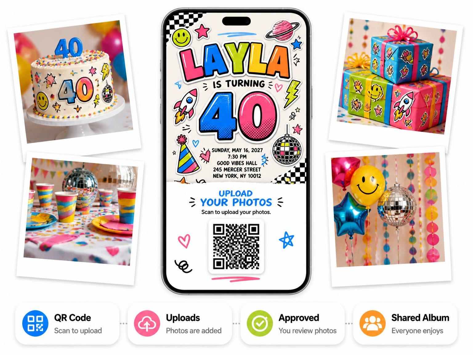 The shared photo gallery that comes with the Sticker Pop 40th Birthday Invitation invitation