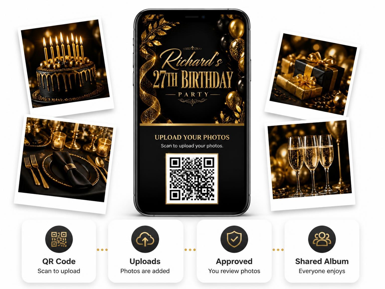 The shared photo gallery that comes with the Black and Gold 27th Birthday Invitation invitation