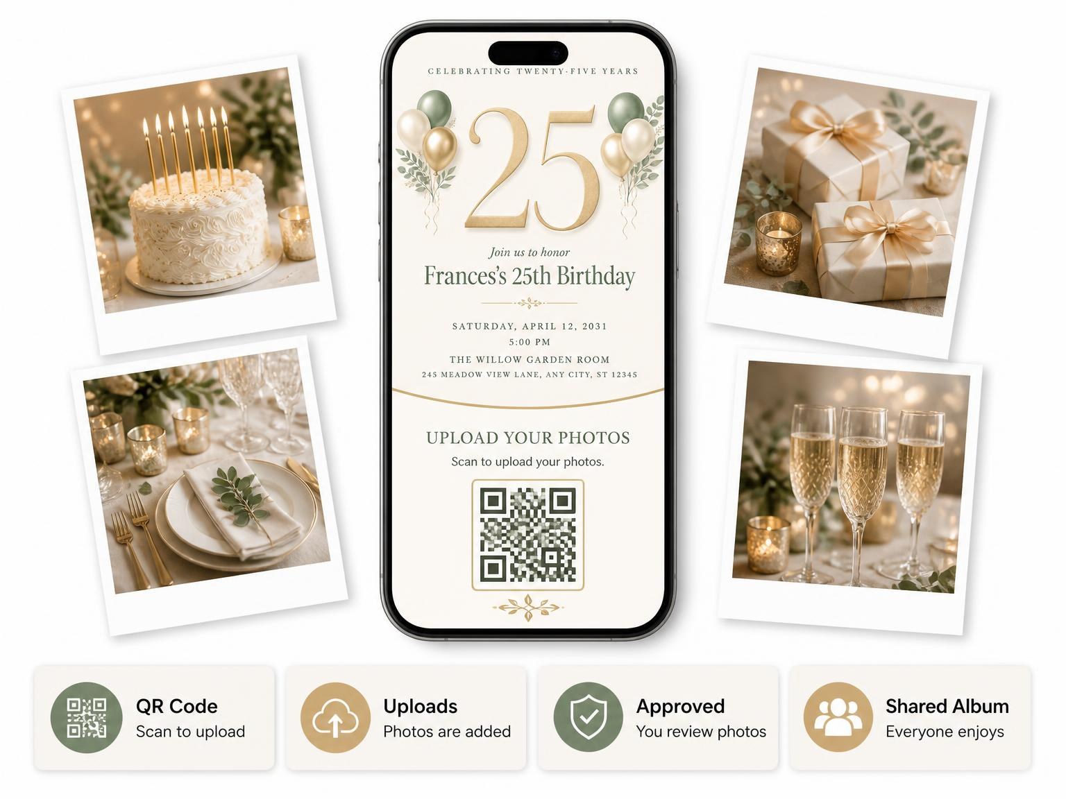 The shared photo gallery that comes with the Sage and Ivory 25th Birthday Invitation invitation