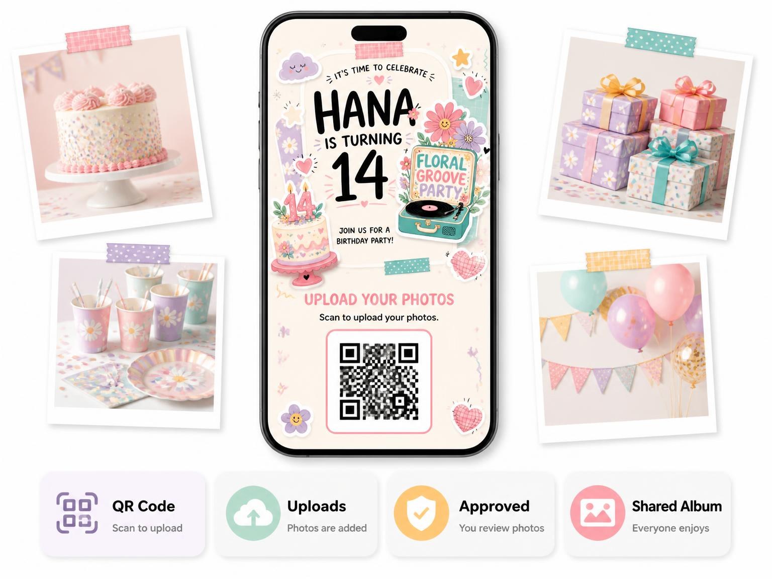 The shared photo gallery that comes with the Floral Groove 14th Birthday Invitation invitation