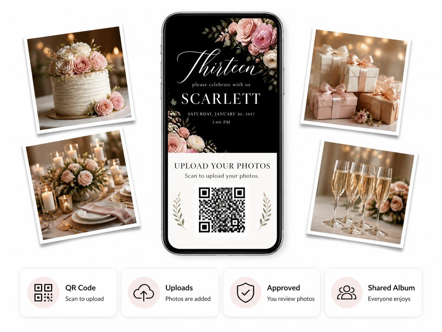 The shared photo gallery that comes with the Black Floral 13th Birthday Invitation invitation