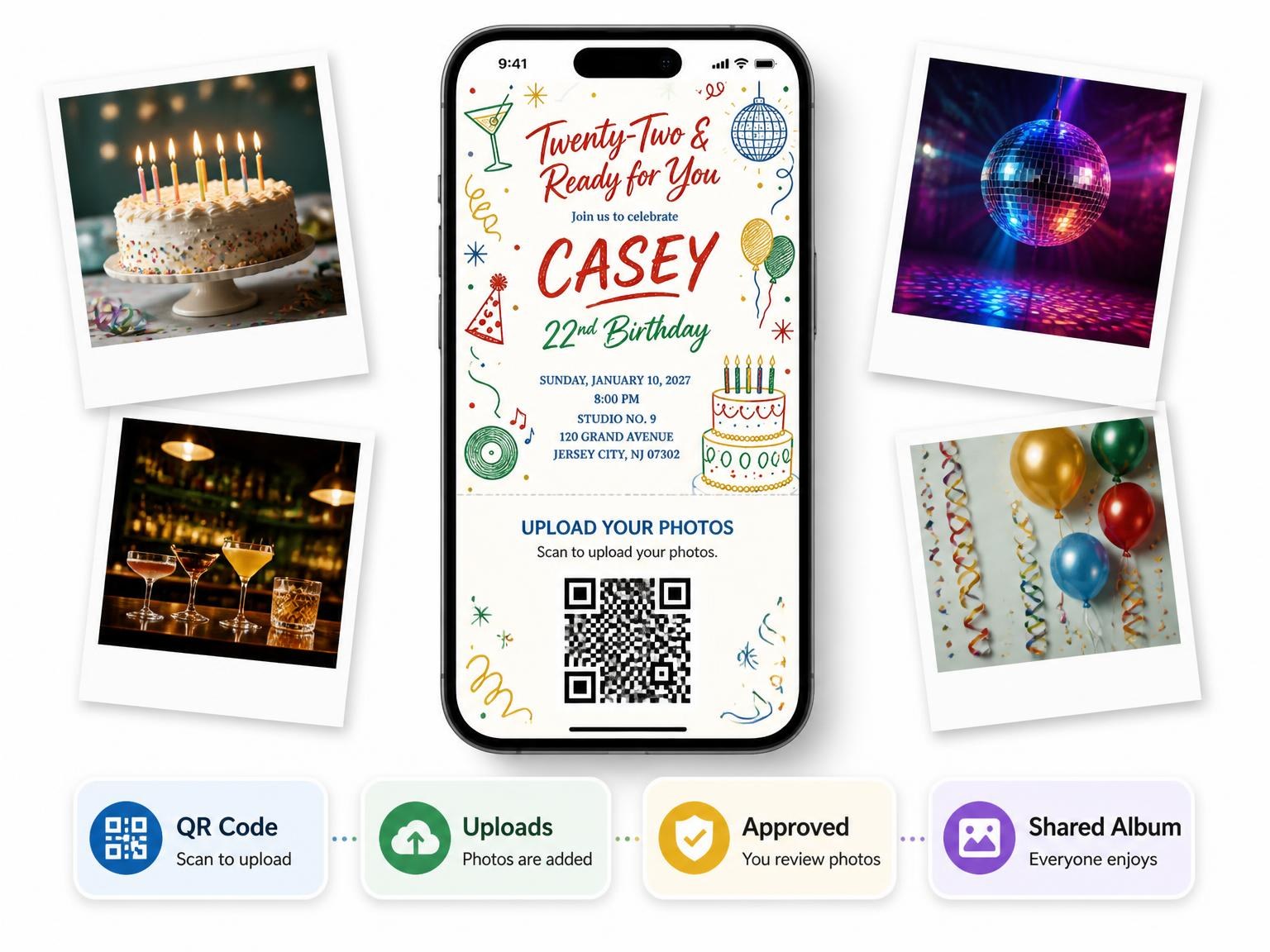 The shared photo gallery that comes with the Retro Doodle 22nd Birthday Invitation invitation