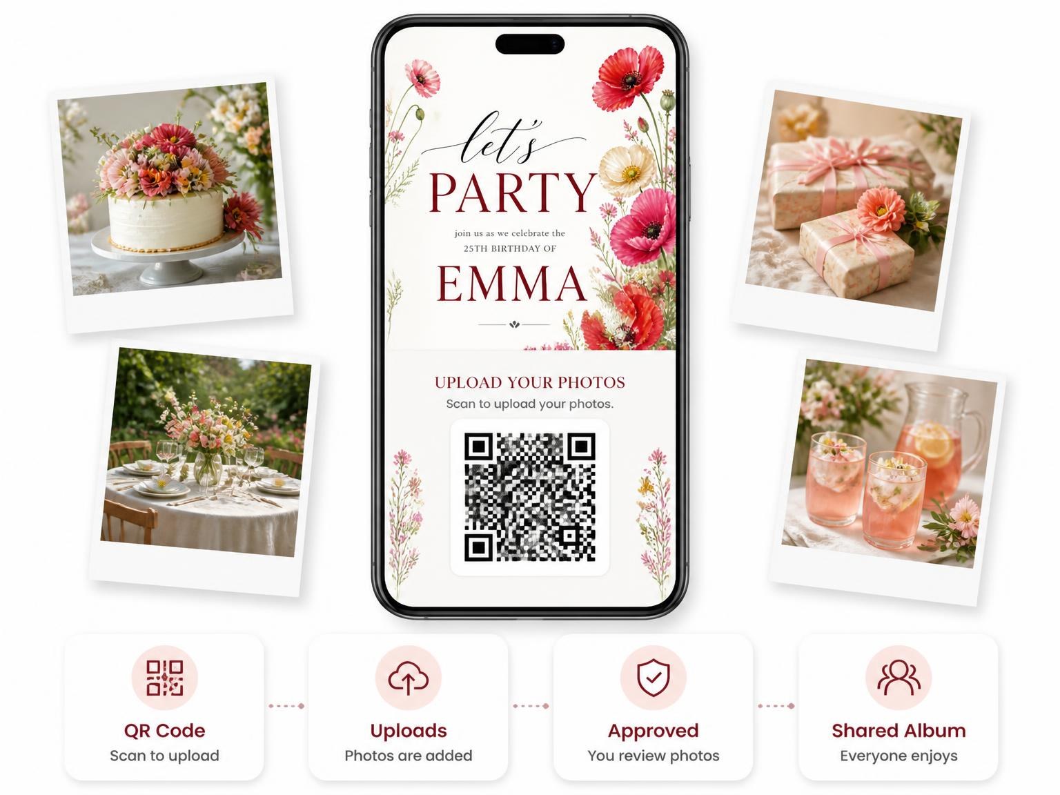 The shared photo gallery that comes with the Meadow Florals Scarlet 25th Birthday Invitation invitation